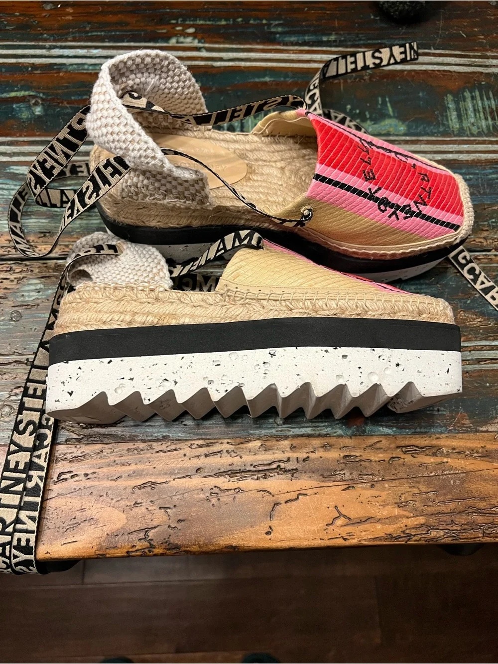 Stella McCartney Pink and Tan Striped Espadrille Platform Sandals